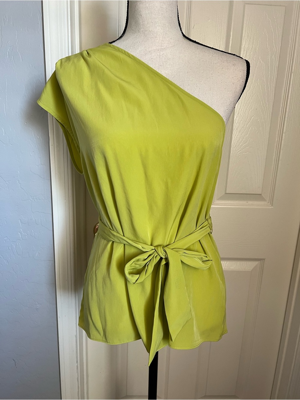 Worthington Lime Green One-Shoulder Tie-Waist Blouse